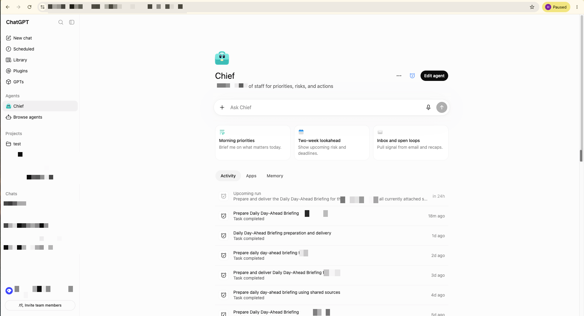 The real custom 'Chief' company-brain agent in ChatGPT Business, with quick actions for morning priorities, a two-week lookahead and inbox open loops, plus an activity log of day-ahead briefings it has prepared and delivered on a schedule. Client name and project details are redacted.