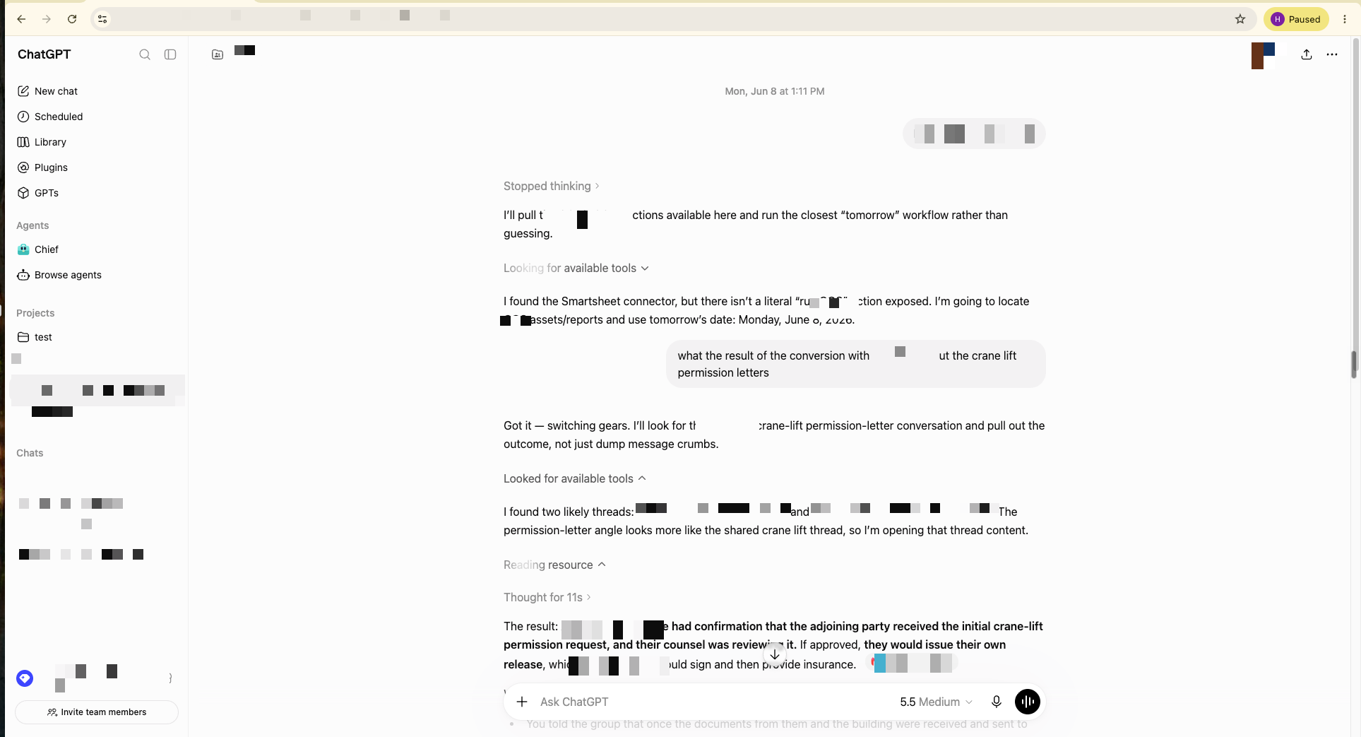 The real ChatGPT Business team workspace: a shared sidebar with the team's projects and a custom 'Chief' company-brain agent, and the brain reasoning across the company's own connected tools and email threads to answer a question. All client names, account IDs and project details are redacted.
