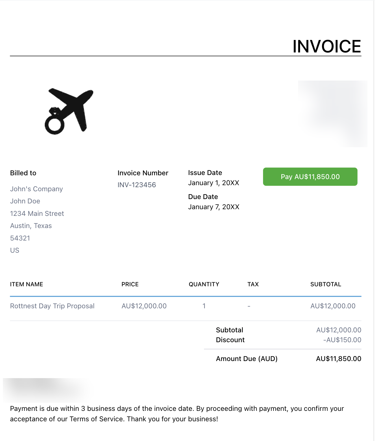 A real branded invoice generated in GoHighLevel — a Rottnest Day Trip Proposal at AU$12,000, a A$150 discount, and AU$11,850 due, with a Pay button. Business contact details and ABN are redacted.