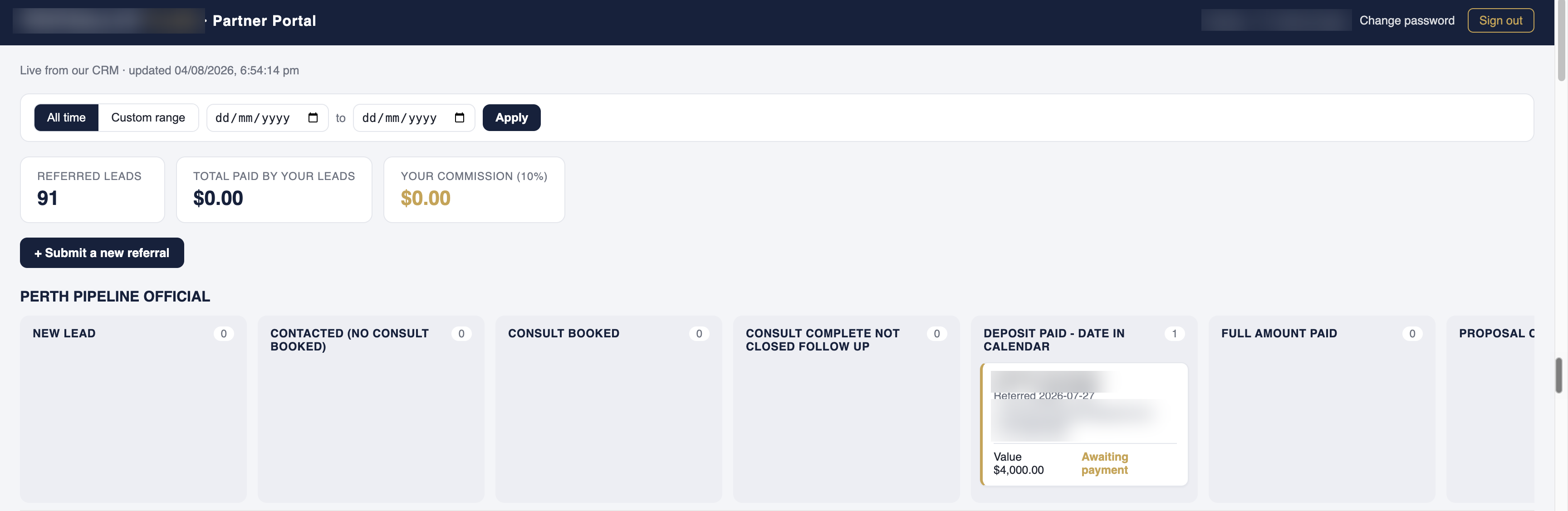 A live referral pipeline running in GoHighLevel — leads moving through stages from New Lead to Deposit Paid and Full Amount Paid, with one lead sitting in the Deposit Paid stage valued at $4,000. Client name, branding and lead contact details are redacted.