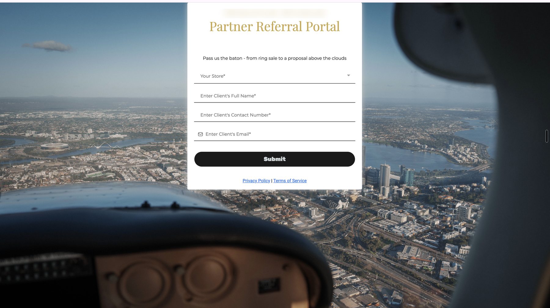 A real lead-capture form built in GoHighLevel — the partner-referral form asking which store, and the customer's name, contact number and email. The business's brand name is redacted.