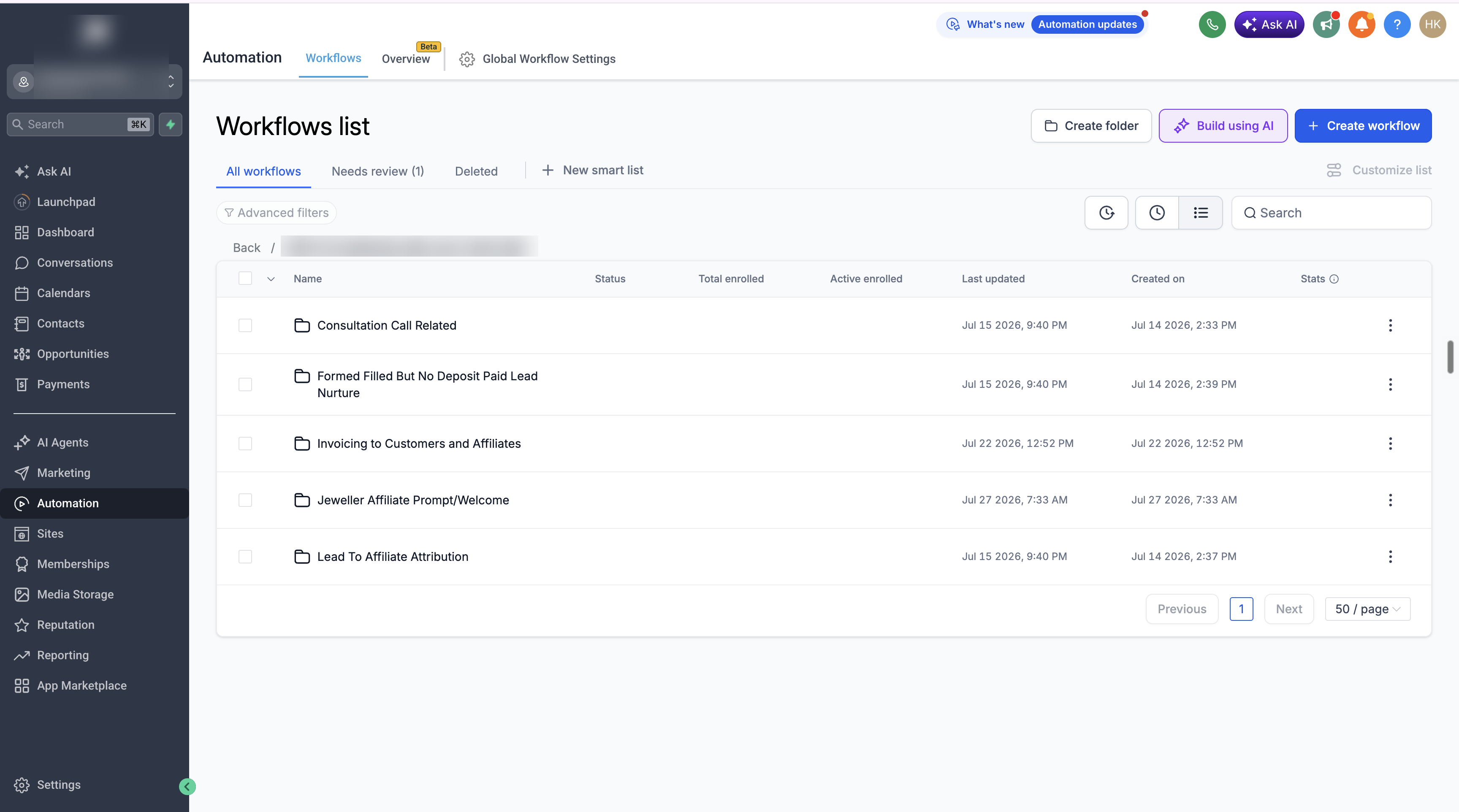 The list of live automations in GoHighLevel — Consultation Call Related, Form Filled But No Deposit Paid Lead Nurture, Invoicing to Customers and Affiliates, Jeweller Affiliate Prompt/Welcome, and Lead To Affiliate Attribution. Workspace name and breadcrumb are redacted.