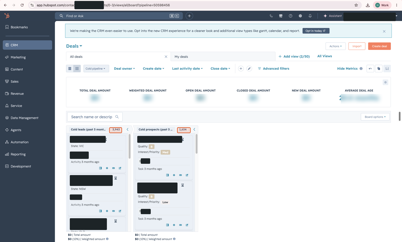 A real HubSpot deal board showing a Cold pipeline with 3,943 cold leads and 1,634 cold prospects. Client-identifying details are redacted.